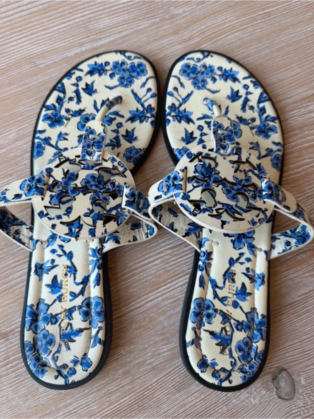 Tory Burch White Sandals with Blue Floral Print
